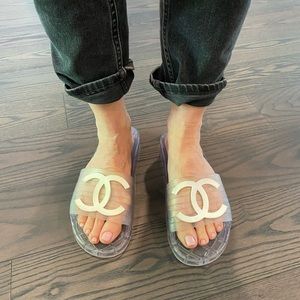 SOLD Chanel Clear Interlocking CC Logo Rubber Slides